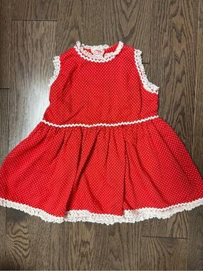 Vintage Red Polka Dot Kids Top with White Lace Trim